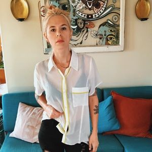 White see thru draped open long back button up.